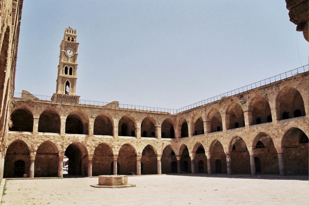 The Khan al-Umdan (Inn of Pillars) with its pillars the citadel of Akko. It is an old caravanserai.